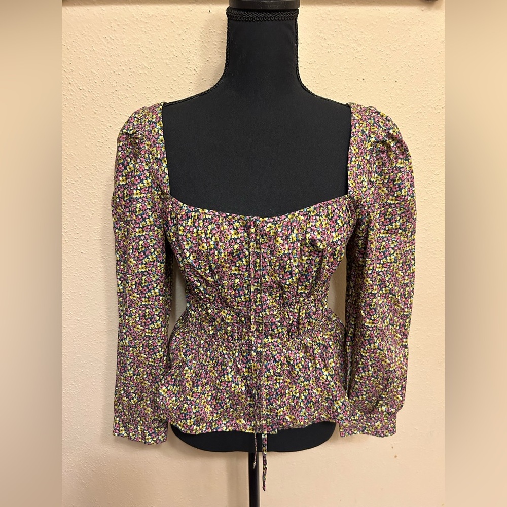 J.Crew Shirt Womens size 6 Cinched-Waist Organic Cotton Blouse Black Floral